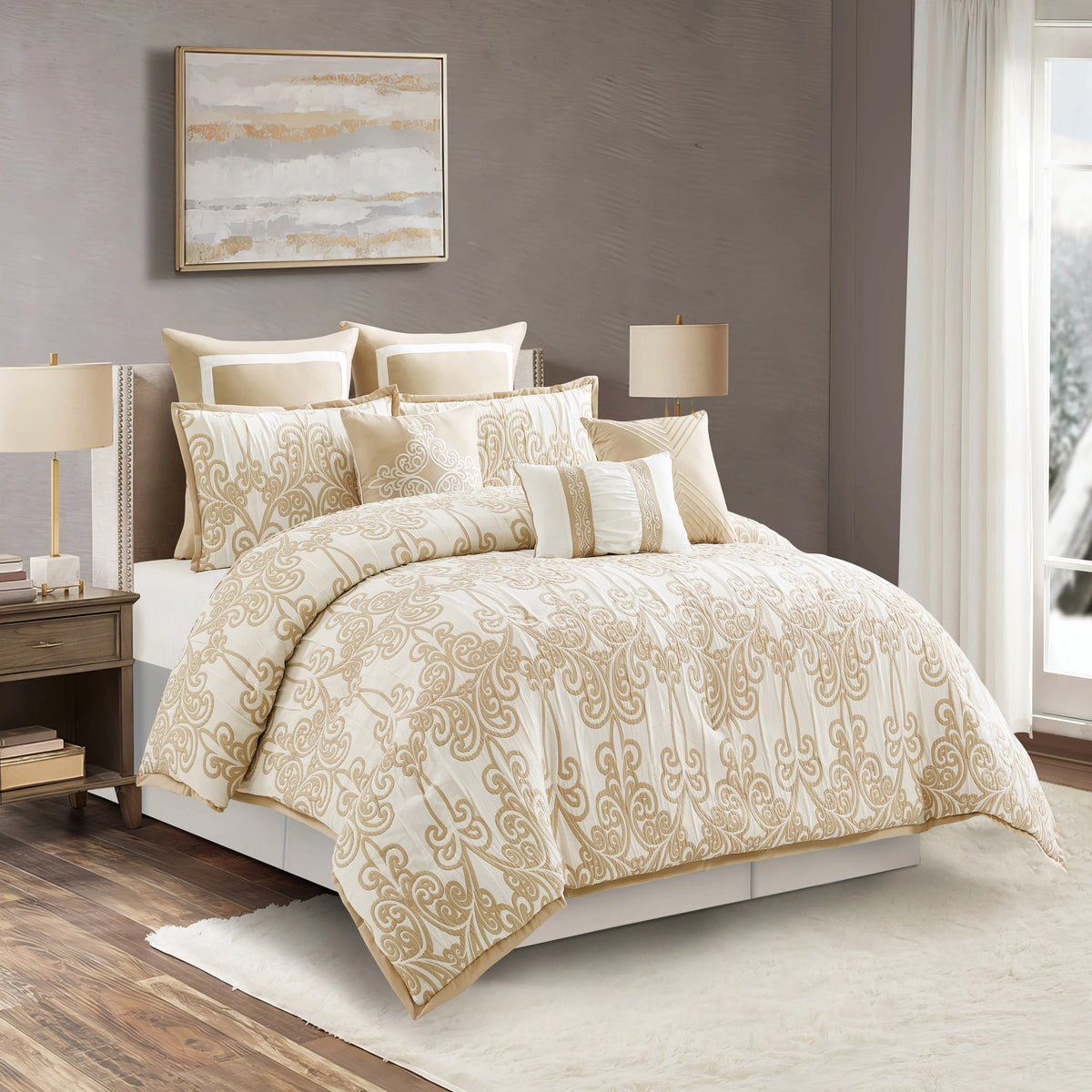 Lanco Smoke Grey Comforter Set California King Size, 9 Piece Jacquard Floral Bedding Set, All Season, Ultra-Soft, Matching Pillows & Shams, Bed Skirt