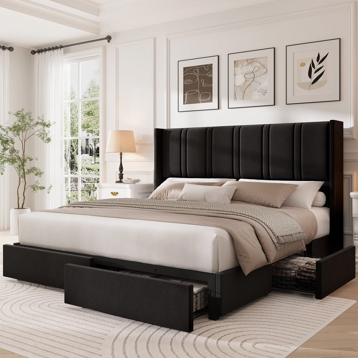 LARMACE King Size Upholstered Bed Frame with 4 Storage Drawers and Vertical Channel Tufted Headboard Linen Platform Bed Frame Wingback Beds with Wooden Slats Support, Beige