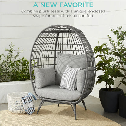 Best Choice Products Wicker Egg Chair Oversized Indoor Outdoor Patio Lounger w/ Steel Frame, 440lb Capacity - Black