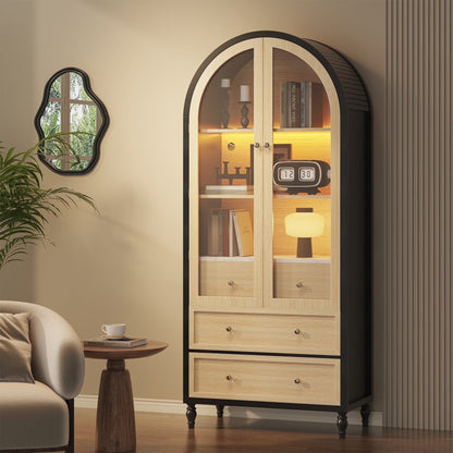Arched Bookcase, Oak Arched Cabinet with Drawers, 71" Tall China Curio Cabinet, Display Cases for Collectibles, Vintage Bookshelf for Ding Room, Bedroom, Living Room