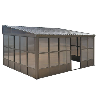 TOTAL Outdoor 10'x12' All-Season Sunroom Gazebo with Steel Roof, PVC Screen, Front & Side Door, Brown