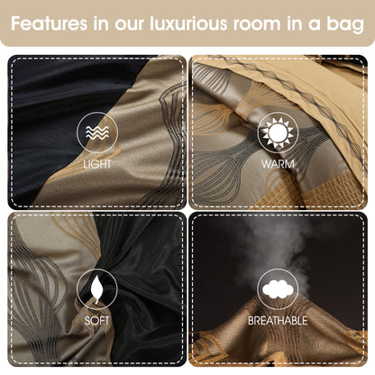 Lanco Elegant Black and Gold Comforter Set,Striped, 7 Pieces Jacquard Bedding Sets with Comforter for All Season, Bed Skirt, Pillows & Shams, Queen Size, Lightweight Microfiber