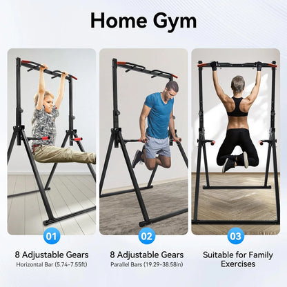 Power Tower Pull Up Bar Station Foldable Pull Up Rack Dip Station 5.74-7.55ft Height Adjustable Home Strength Training Fitness Workout Equipment, Up to 440lbs (With double bars)
