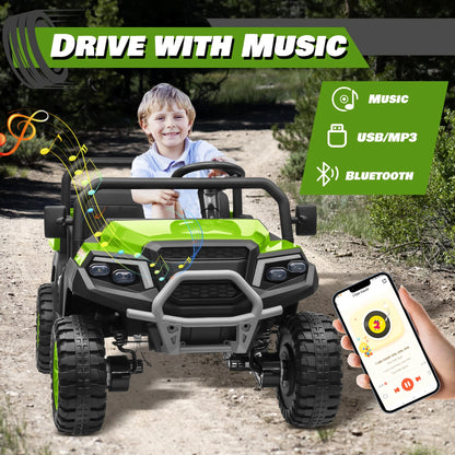 Joyracer 4WD 24 Volt Ride on Toys UTV with 2 Seater & Remote Control, Kids Electric Golf Cart w/ 4x200W Power Motors, Tiltable Trailer & Shovel, 4 Wheels Spring Suspension, Bluetooth USB Music, Black