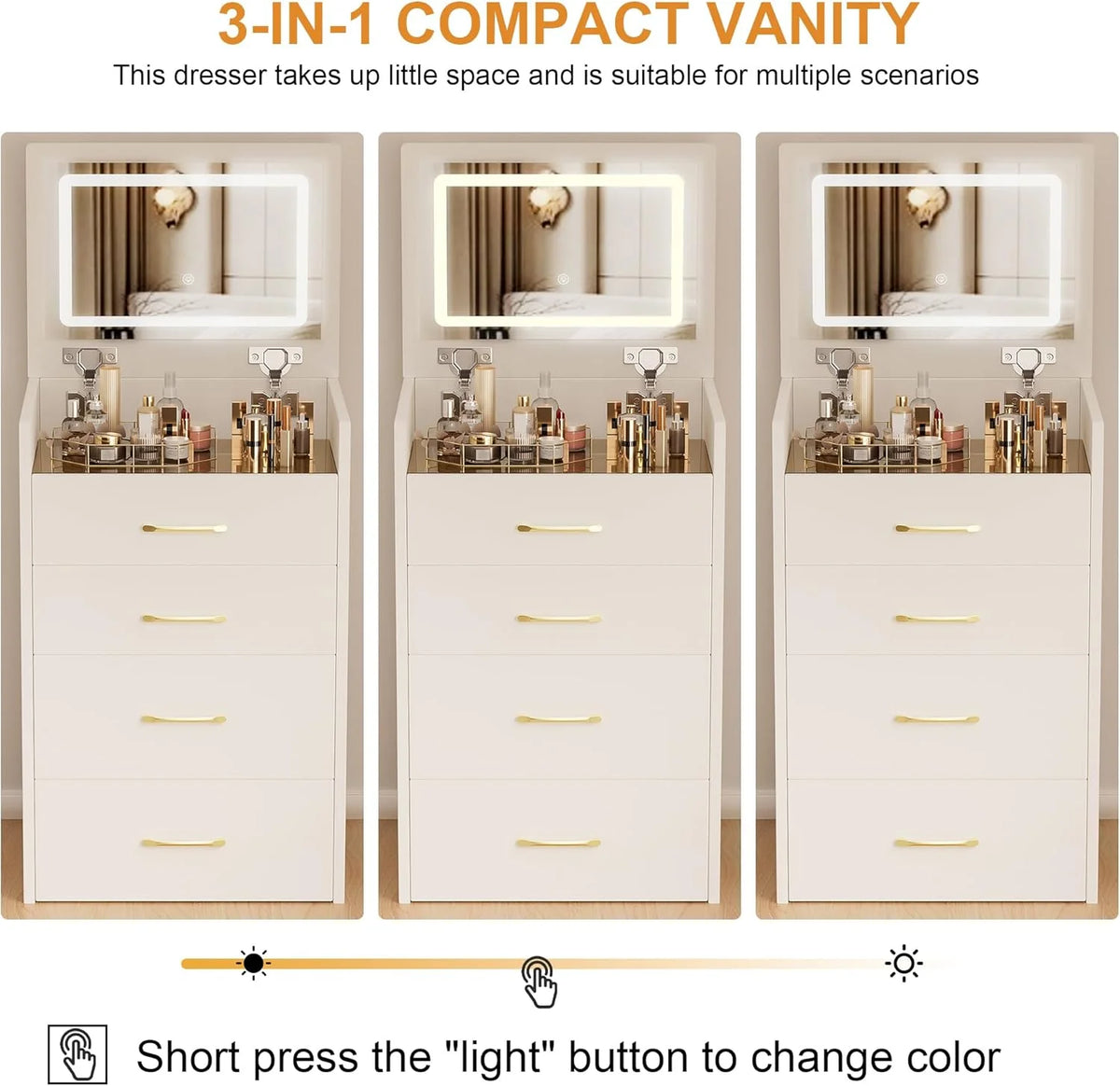 Montary Modern Mini Vanity w/Adjustable LED Mirror + Hidden Storage, Padded Stool & Dustproof Shelves (White)