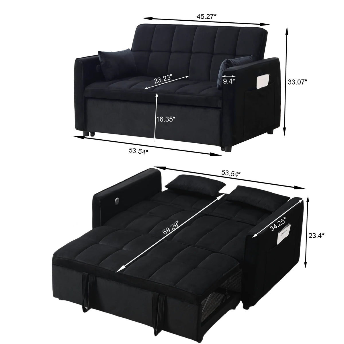 Velvet 3-in-1 Convertible Sofa Bed �C USB Charging, Adjustable Backrest Pull-Out Couch Loveseat Sleeper for Living Room, Apartment & Small Space,Black