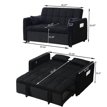 Velvet 3-in-1 Convertible Sofa Bed �C USB Charging, Adjustable Backrest Pull-Out Couch Loveseat Sleeper for Living Room, Apartment & Small Space,Black