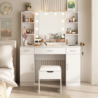 VEANERWOOD Large Makeup Vanity Set with Light Modern Makeup Vanity Table with Storage and Adjustable Lighting Colors for Bedroom 45.2in, White
