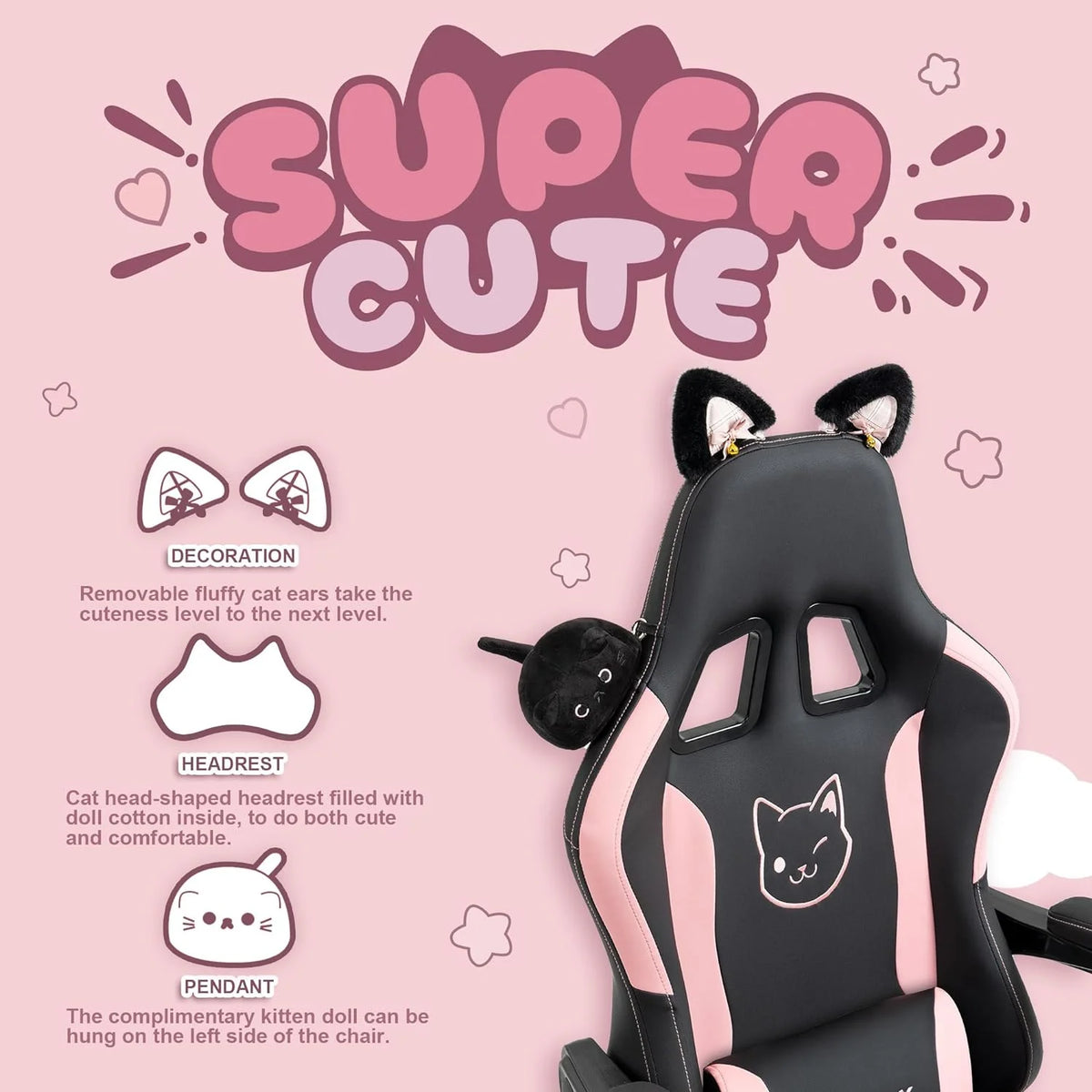 Dowinx Gaming Chair Cute with Cat Ears and Massage Lumbar Support, Ergonomic Computer Chair for Girl with Footrest and Headrest, Comfortable Reclining Game Chair 290lbs for Adult, Teen, Blue Green