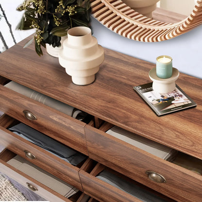 Polar Aurora Wood Dresser for Bedroom with 6 Drawers, Mid Century Modern Chests of Drawer with Metal Handles