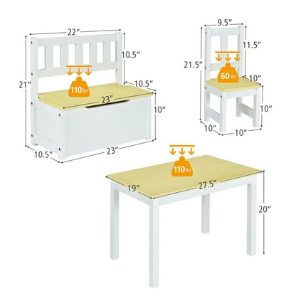 Kadyn Children Kids Table Chair Set,Children Playroom Table Chair Set,4 Pieces Kids Wooden Activity Table and Chairs Set with Storage Bench and Study Desk-Natural