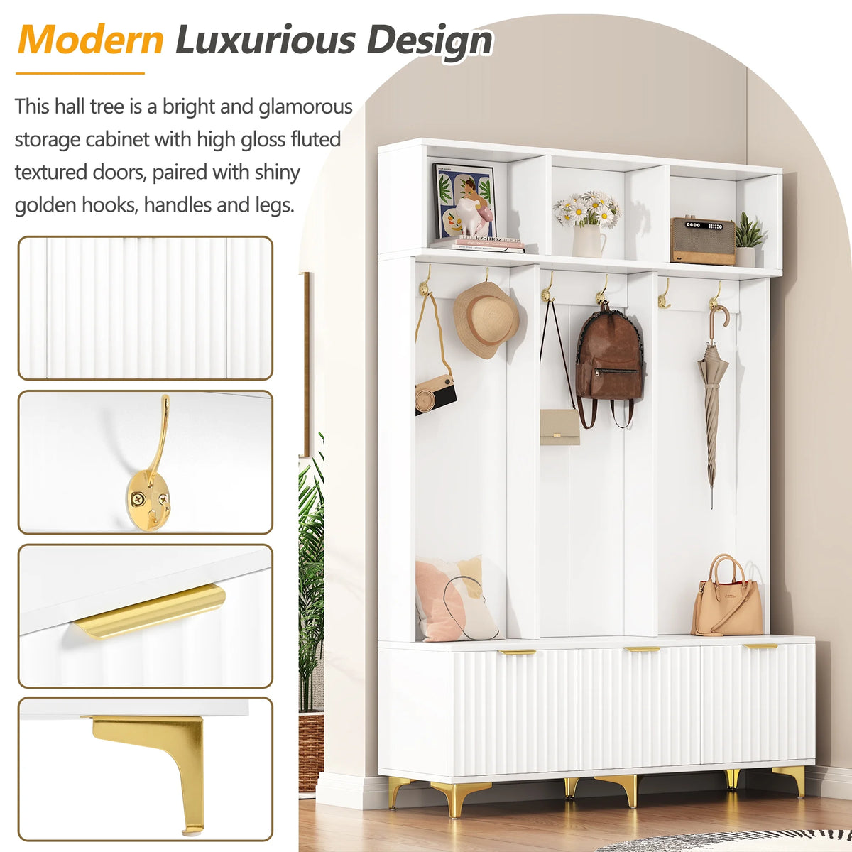 Euroco Modern Hall Tree with High Gloss Fluted Doors, Gold Accents, Shoe Storage & Bench a?? Entryway Organizer with Cubbies and Coat Hooks