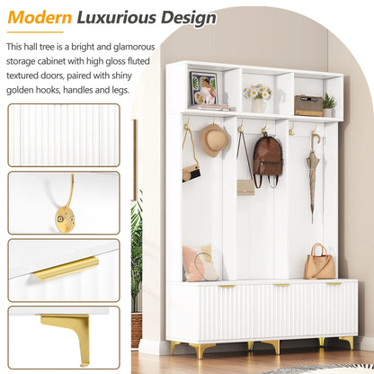 Euroco Modern Hall Tree with High Gloss Fluted Doors, Gold Accents, Shoe Storage & Bench a?? Entryway Organizer with Cubbies and Coat Hooks