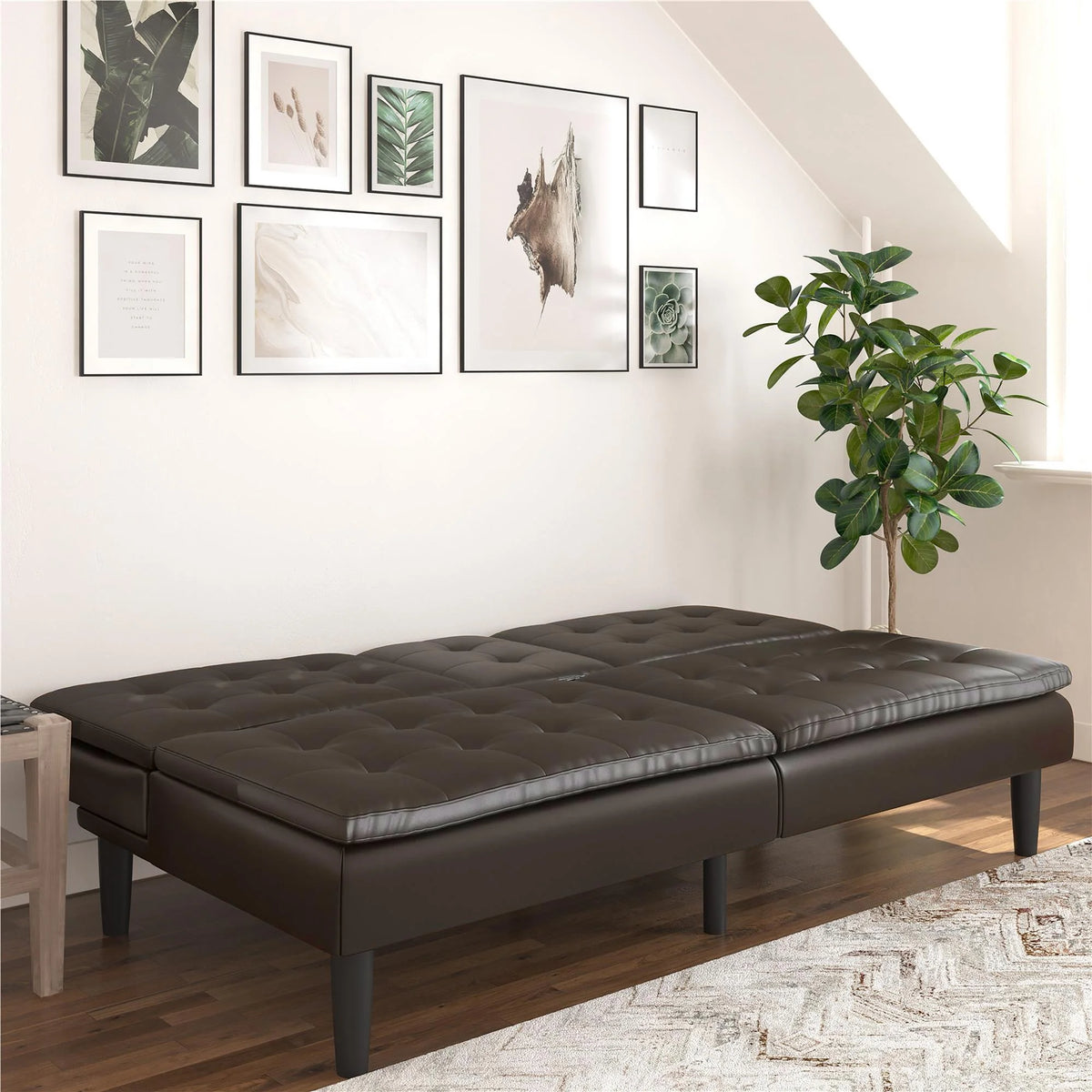 Mainstays Memory Foam 71.5" Futon with Cupholder and USB, Black Faux Leather