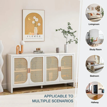 Modern Rattan Sideboard Buffet Cabinet, Kitchen Storage Cabinet, Living Room TV Stand for TVs up to 65", Entertainment Center with Adjustable Shelf, for Dining Living Room Hallway, White