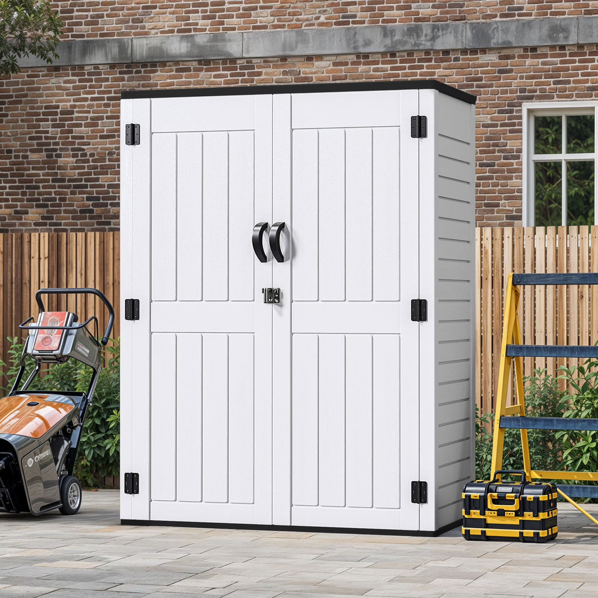 Uforic Outdoor Storage Shed, Vertical Lockable Tool Storage Resin Shed for Garden, Garage, Patio, No Shelves Included, Brown