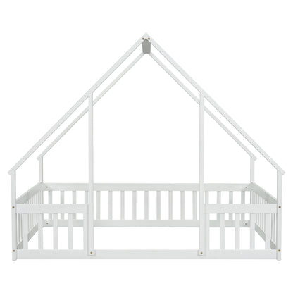 Bellemave Twin Size Floor Bed Frame, Wooden House Bed Twin Size with Fence, Montessori Bed with Guardrails for Bedroom (White)