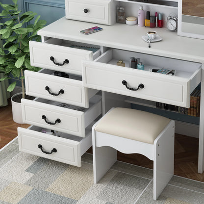 Montary Modern Mini Vanity w/Adjustable LED Mirror + Hidden Storage, Padded Stool & Dustproof Shelves (White)