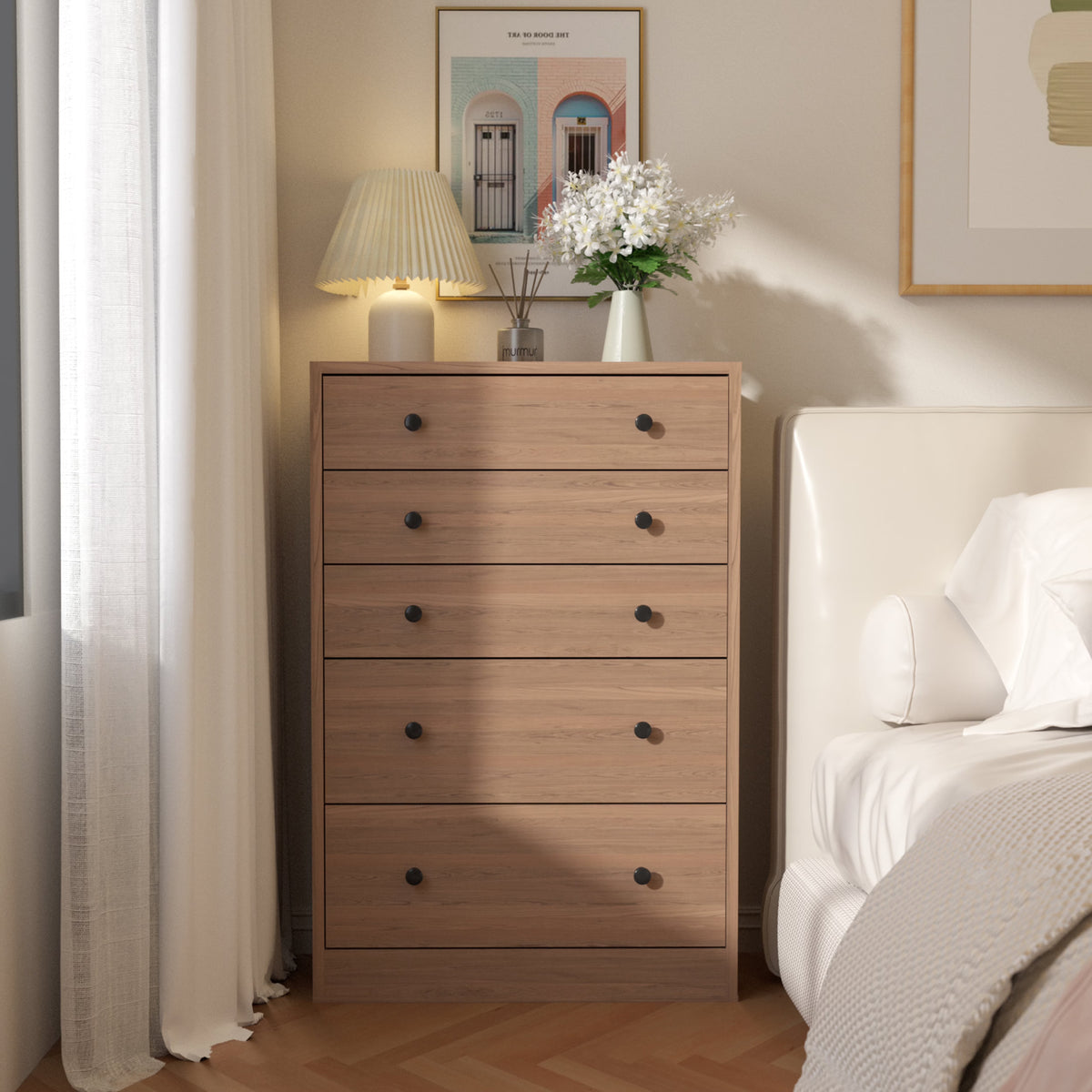 VEIKOUS Oversized 5-Drawer Dresser Chest, Large Storage Dresser for Bedroom Storage, Oak