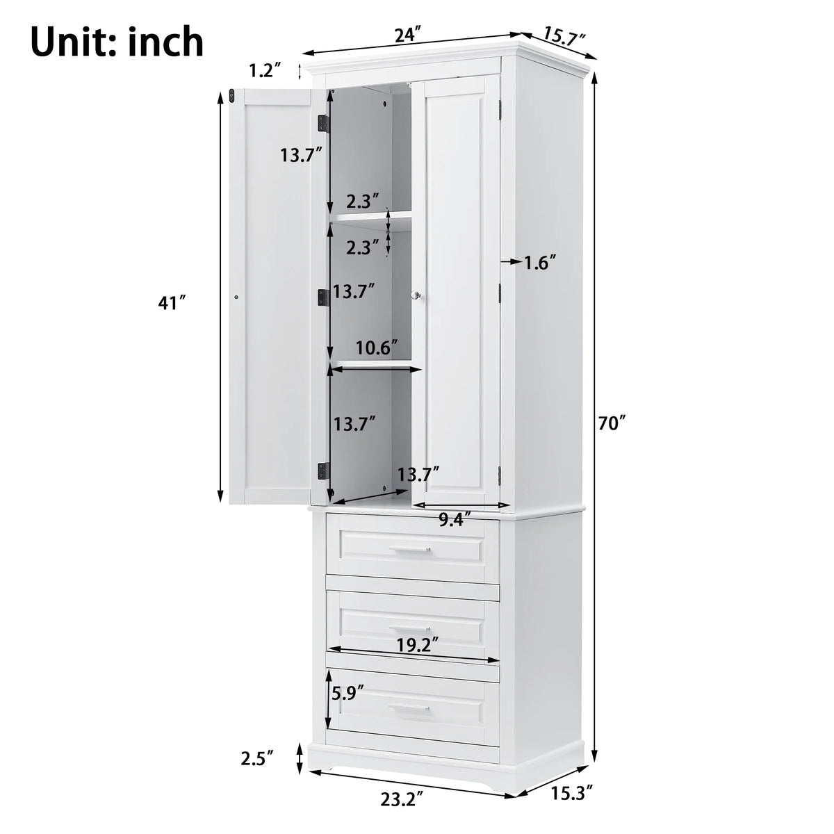 Bellemave White Tall Storage Cabinet with Adjustable Shelf Bathroom Cabinet with 1 Drawer and Storage Rack Large Freestanding Wood Cabinet Storage Organizer Floor Cabinet, White