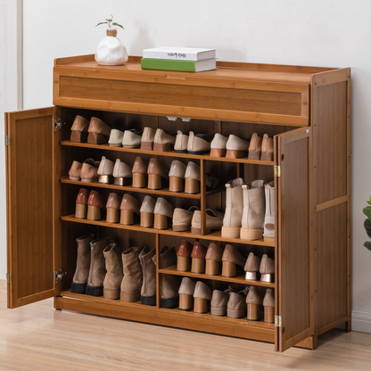 Magshion Bamboo 6 Tier 30 Pairs Shoe Organizer Cabinet with Folding Door Compartment Heels Boots, Brown, for Home