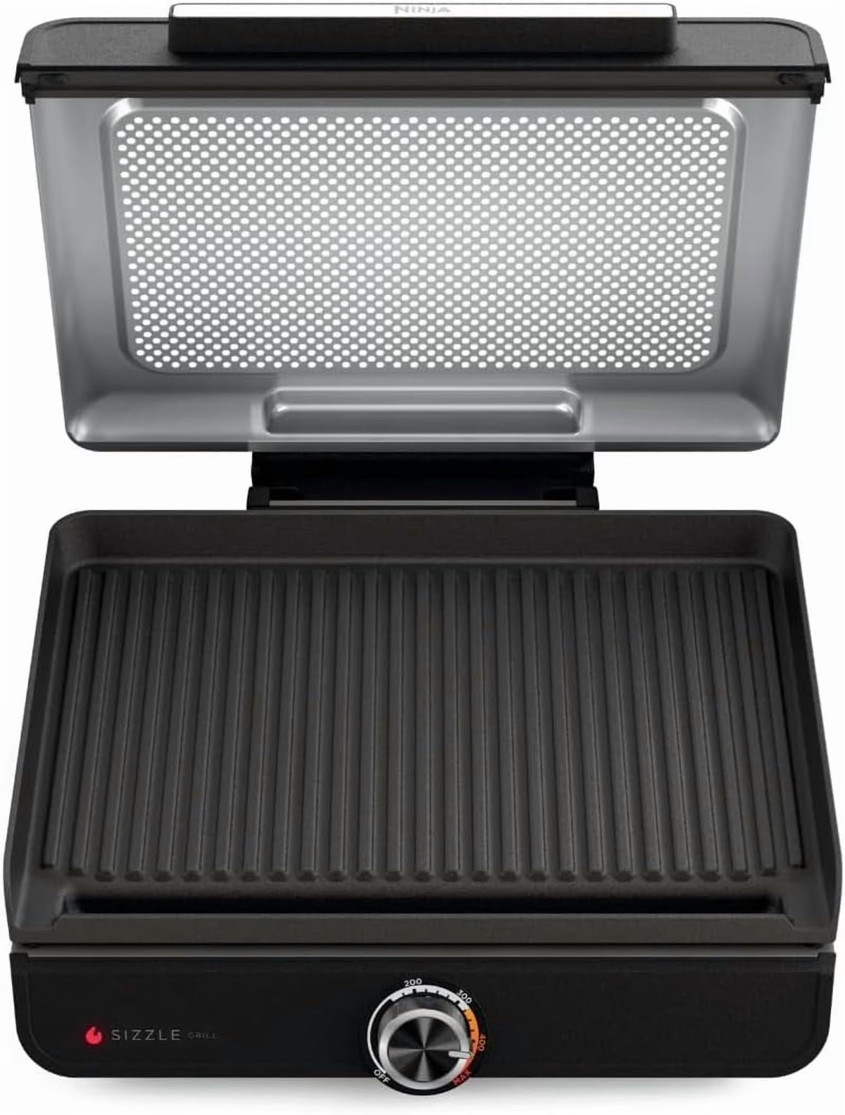 Ninja Sizzle Indoor Grill, 500��F High Heat Kitchen Grill with Nonstick 14 Inch Plate, Low-Smoke Technology, Edge-to-Edge Heating, Family-Sized Capacity, Countertop Cooking Tool (GR100)