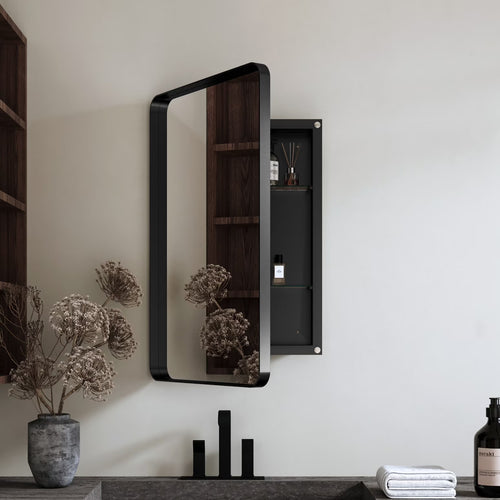 20x30 Inch Recessed Black Metal Medicine Cabinet with Full-Length Mirror - Adjustable Tempered Glass Shelves, Moisture-Resistant Storage, Wall-Mounted Design for Modern & Traditional Bathrooms