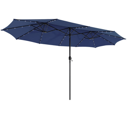 Costway 15FT Twin Patio Double-Sided Umbrella 48 Solar LED Lights Crank Outdoor Beige
