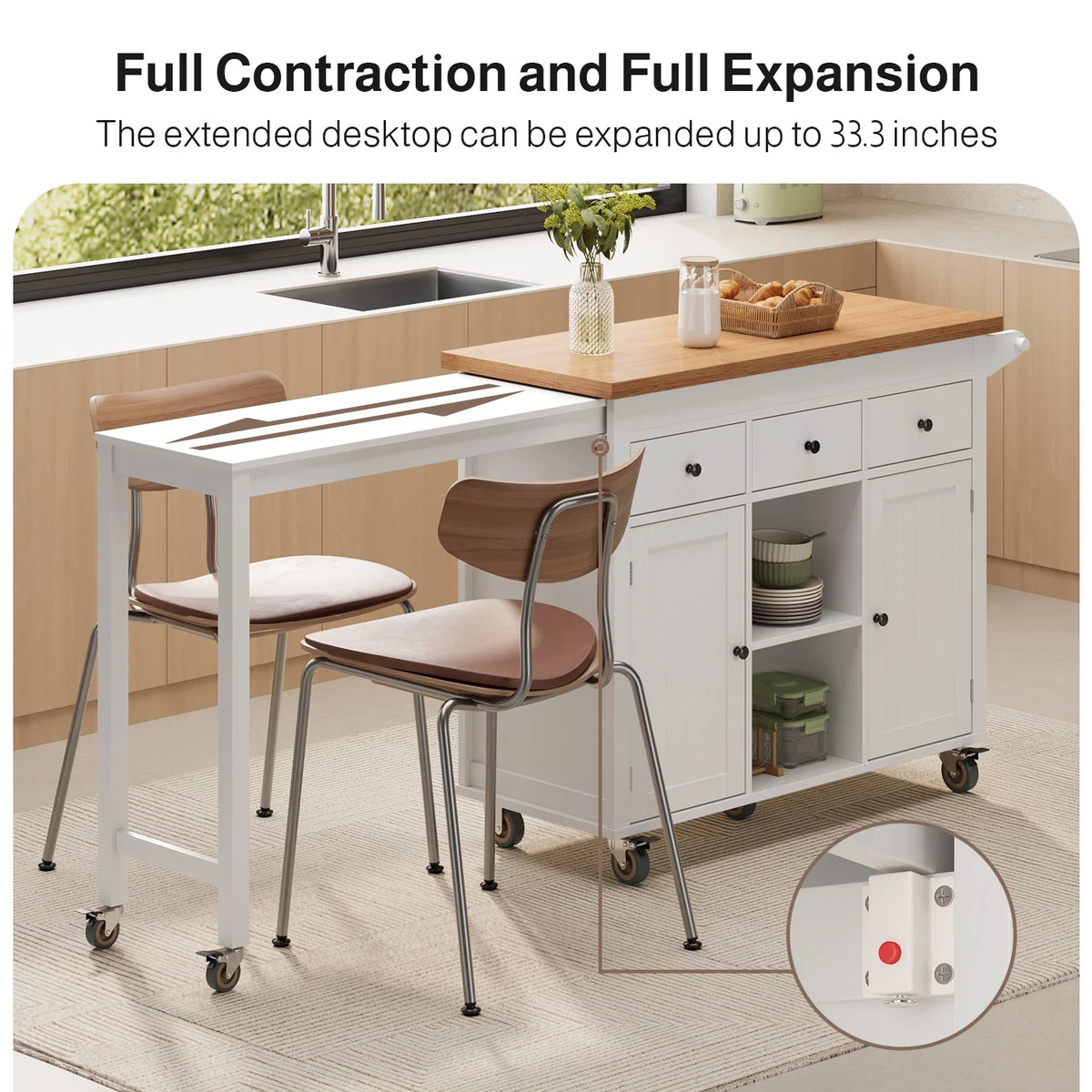 Noelse Rolling Kitchen Island with Drop Leaf Table and Hidden Trash Cabinet, Mobile Kitchen Cart with Storage Drawer, Adjustable Shelves & Rubberwood Countertop on Wheels, White