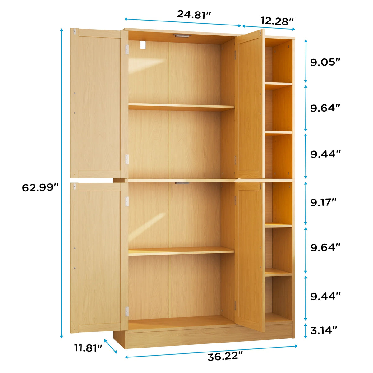 63" Tall Kitchen Pantry, Kitchen Pantry Cabinet with 4 Doors and Adjustable Shelves, Storage Cabinet for Dining Room, Laundry Room, Oak