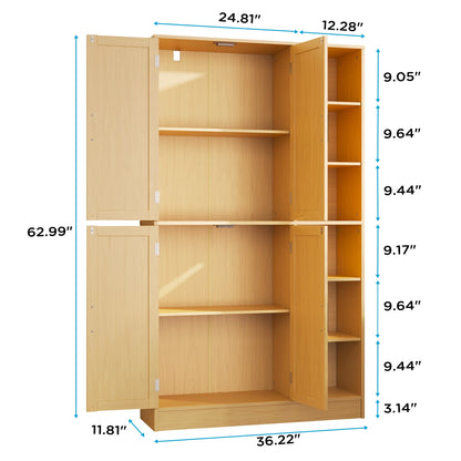 63" Tall Kitchen Pantry, Kitchen Pantry Cabinet with 4 Doors and Adjustable Shelves, Storage Cabinet for Dining Room, Laundry Room, Oak
