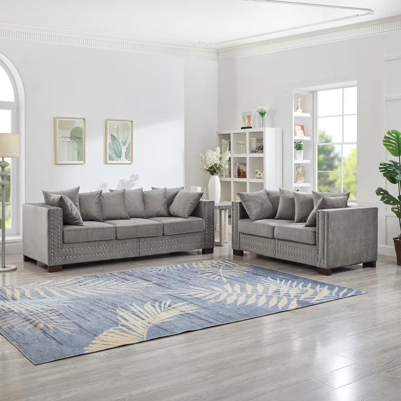 Modern Velvet Sofa Set 2+3 Seater Sofa Loveseat Couch with Silver Nail Trim, Square Armrests and Hidden Storage, Luxury Living Room Couch with Pocket Spring Cushions