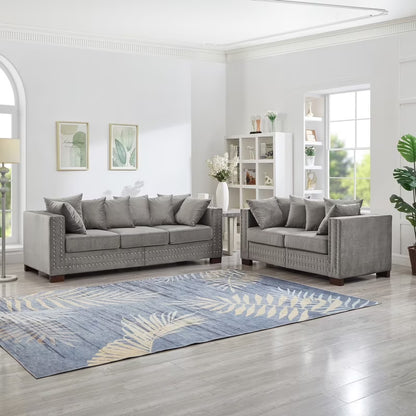 Modern Velvet Sofa Set 2+3 Seater Sofa Loveseat Couch with Silver Nail Trim, Square Armrests and Hidden Storage, Luxury Living Room Couch with Pocket Spring Cushions