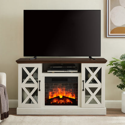 Mainstays Farmhouse Fireplace TV Stand for TVs up to 55", off White/Walnut