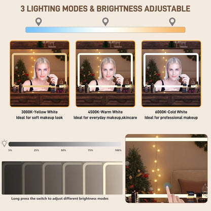 ChVans 62'' Large Vanity Desk with Tempered Glass Top & Charging Station, Farmhouse Makeup Vanity with 8 Storage Drawers & 2 LED Glass Storage Cabinets & 3 Lights Mode LED Mirror for Women Gift