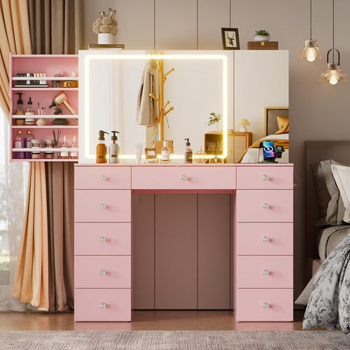PAKASEPT Vanity Set with Lighted Mirror, Large Vanity Desk with Charging Station, Makeup Vanity Table with 11 Drawers & Hidden Sliding Storage Cabinet & Visible Glass Tabletop for Bedroom (White)
