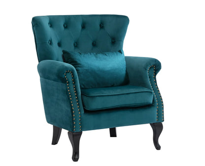 Guyou Mid Century Accent Chair Modern Button Tufted Armchair Wingback Club Chair Velvet Single Sofa Lounge Chair with Pillow for Living Room Bedroom, Teal Blue