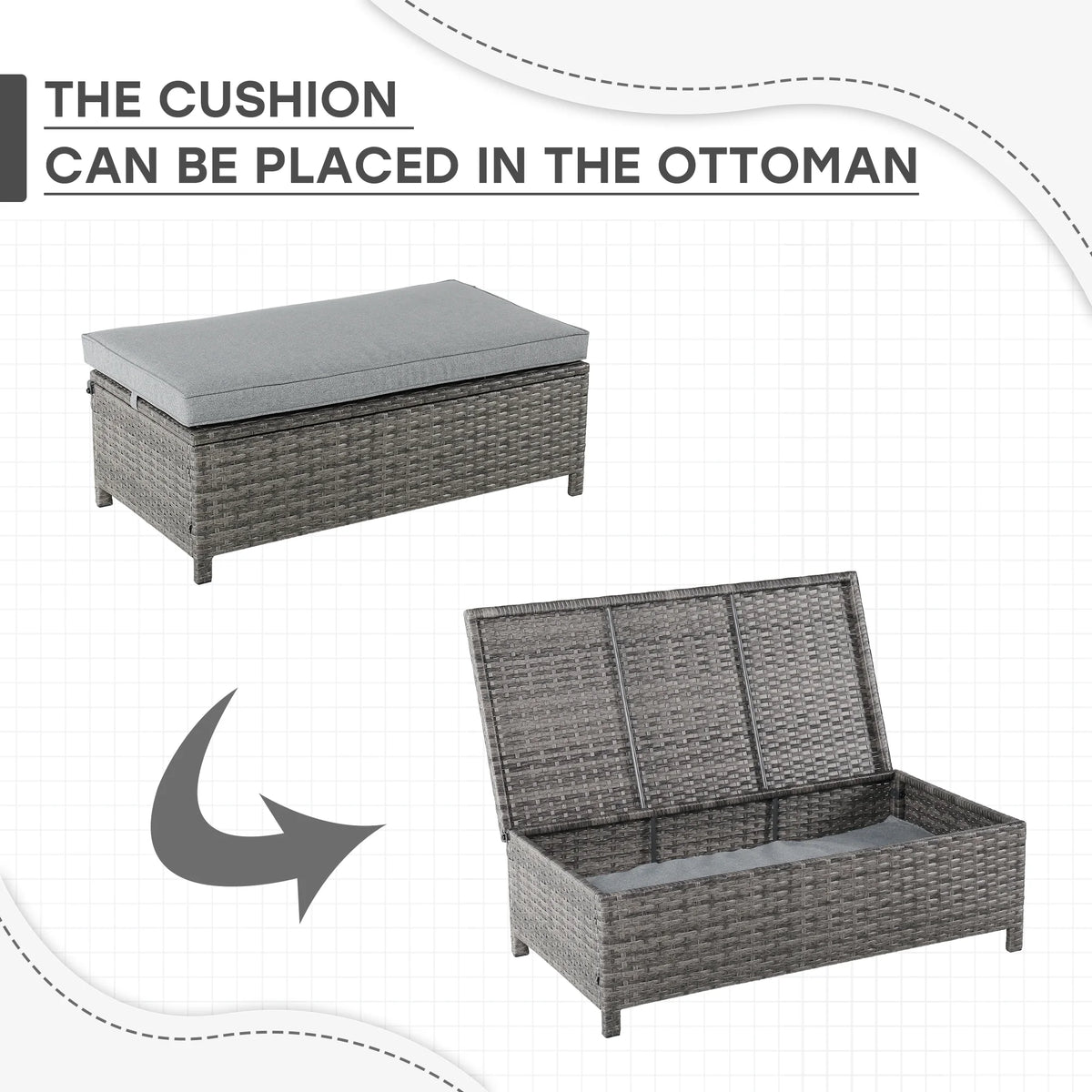 Outdoor Wicker Love Seat and Coffee Table Set, Weather Resistant Grey Rattan, Patio Furniture with Gray Cushions & Storage Bin