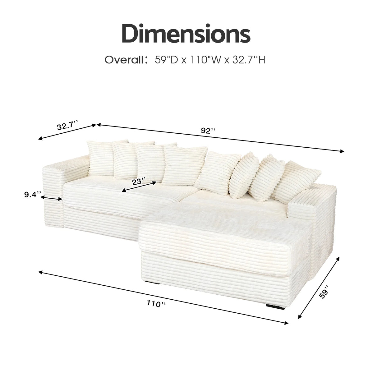 Advwin 110" Oversized L Shaped Sofa with Chaise, Comfy Plush 2-Piece L-Shaped Sectional Couches with 8 Pillows, Soft Fluffy Upholstered Sofa Bed for Living Room Apartment Bedroom, Light Gray