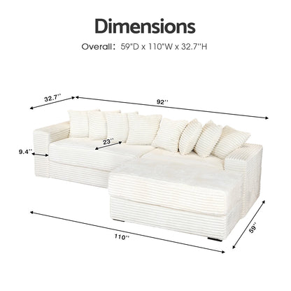 Advwin 110" Oversized L Shaped Sofa with Chaise, Comfy Plush 2-Piece L-Shaped Sectional Couches with 8 Pillows, Soft Fluffy Upholstered Sofa Bed for Living Room Apartment Bedroom, Light Gray