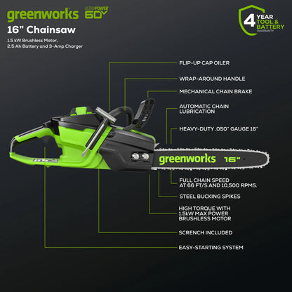 Greenworks 60V 16" 1.5kW Brushless Chainsaw with 2.5 Ah Battery & 3 Amp Charger 2028602