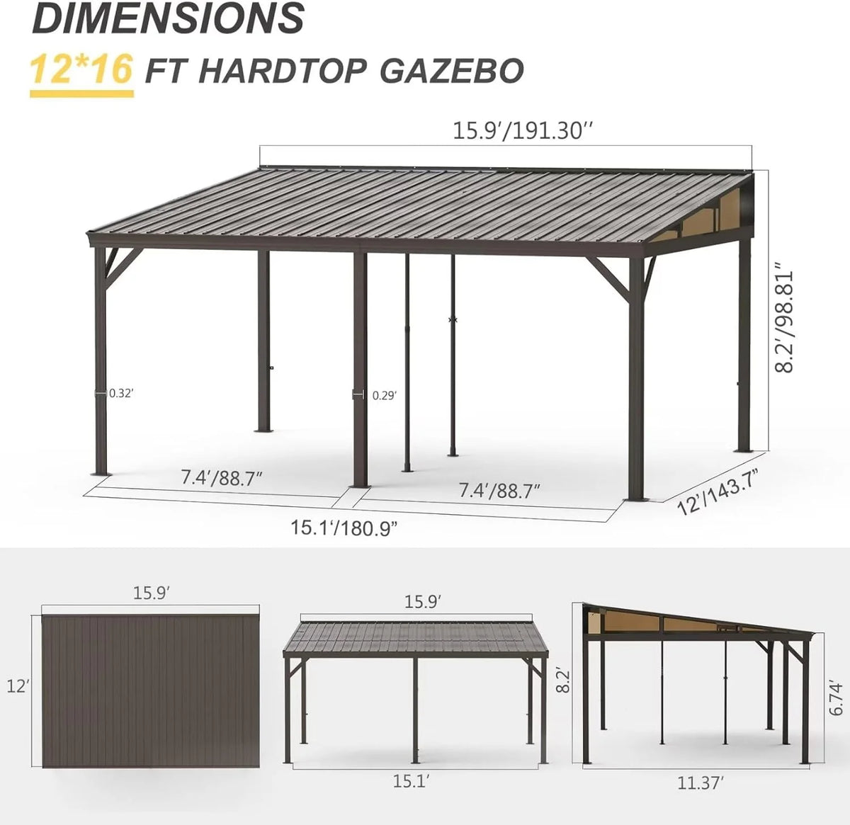 TOTAL Outdoor 10'x12' All-Season Sunroom Gazebo with Steel Roof, PVC Screen, Front & Side Door, Brown