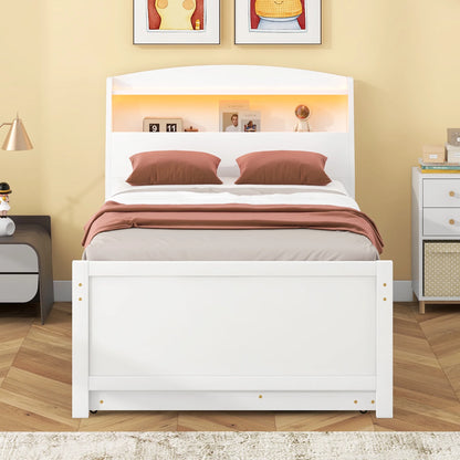 Euroco Wood Twin Size Platform Bed with Storage Headboard, Drawers Trundle and LED Light, White