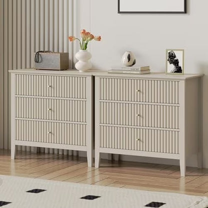 Heynemo Beige 6 Drawer Dresser, Fluted Modern Wood Chest
