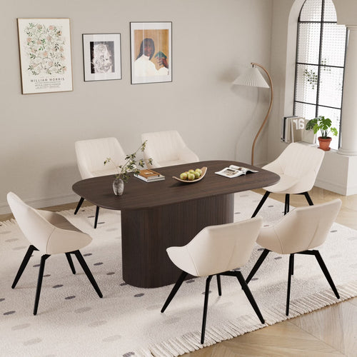 63" Oval Dining Table Set for 6, Wooden Dining Roon Table and 6 PU Swivel Armchairs, Modern Dining Set with High Backrest and Waterproof Tabletop for Living Room,  Beige+Brown