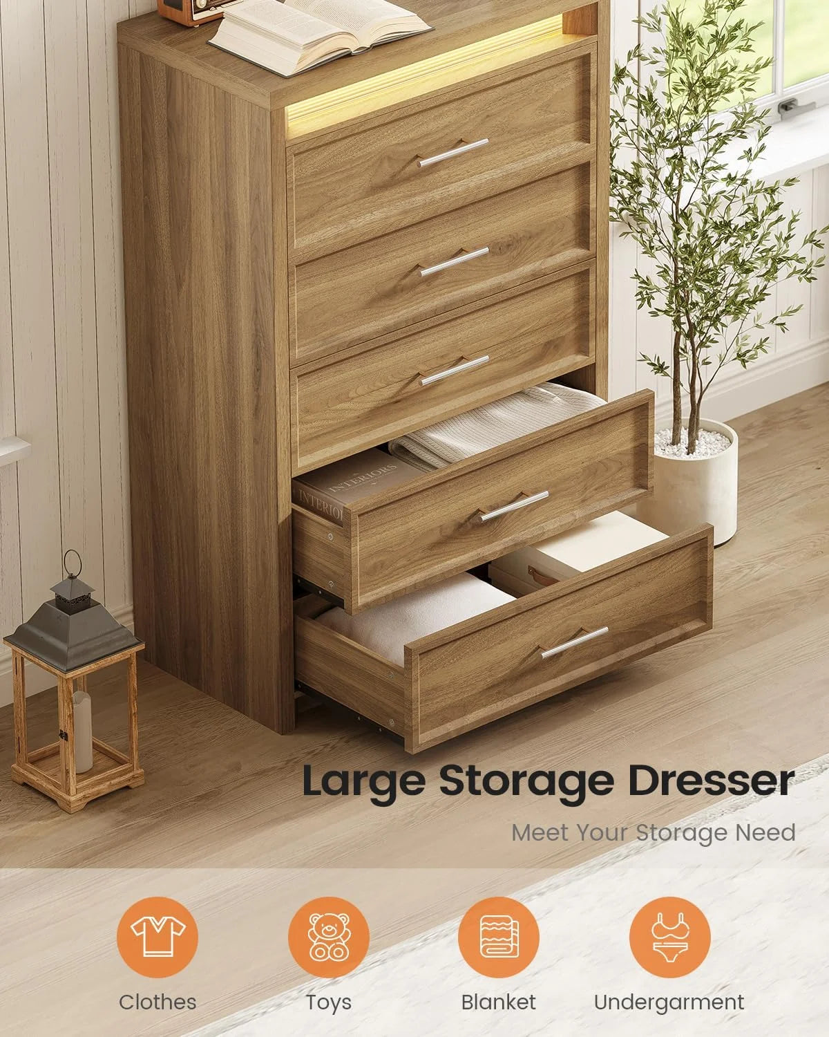 AOGLLATI Mid-Century Modern Dresser for Bedroom with 5 Drawer, Dressers& Chests of Drawers, 44.5�� Tall Wood Dresser with 3 Color Lights for Bedroom, Wood