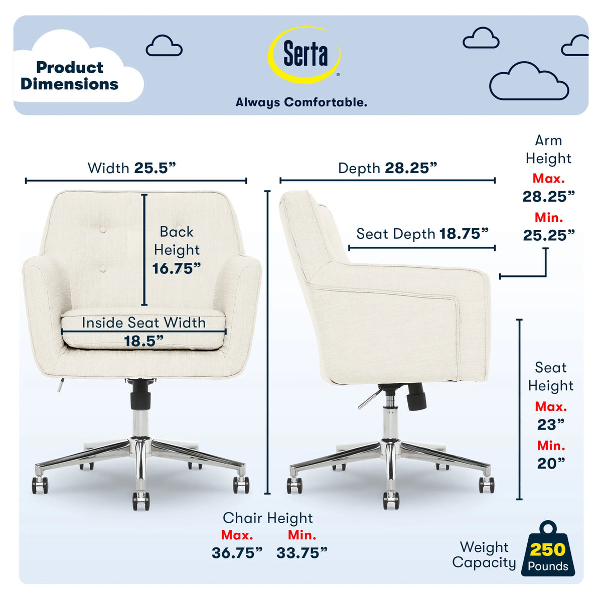 Serta Ashland Office Desk Chair, Button Tufted Mid-Back, Memory Foam Cushion, Chrome Swivel Base, Ivory