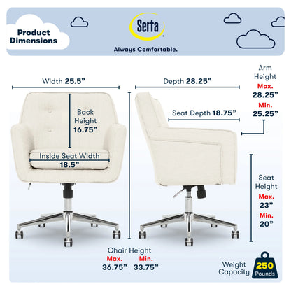 Serta Ashland Office Desk Chair, Button Tufted Mid-Back, Memory Foam Cushion, Chrome Swivel Base, Ivory