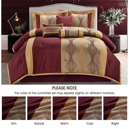 Lanco Elegant Black and Gold Comforter Set,Striped, 7 Pieces Jacquard Bedding Sets with Comforter for All Season, Bed Skirt, Pillows & Shams, Queen Size, Lightweight Microfiber