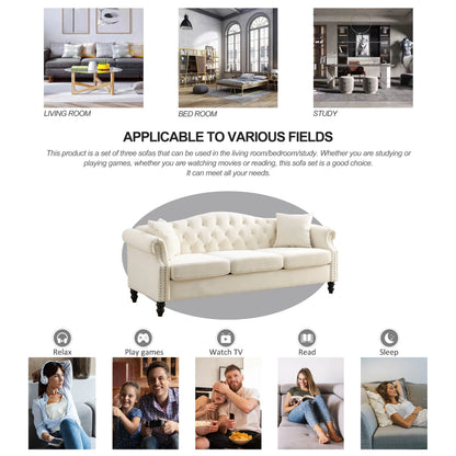 Chesterfield Upholstered Velvet Sofa, 3 Seater Button Tufted Couch with Nailhead Arms for Living Room Bedroom Office Apartment